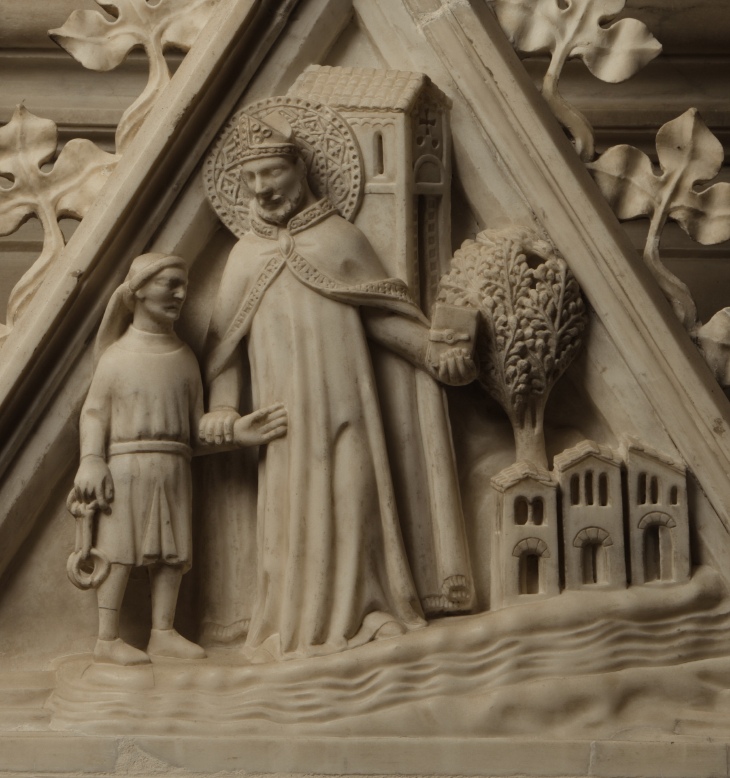 Agostino porta un prigioniero a bere al fiume Gravelon, pannello dell'Arca di sant'Agostino in san Pietro in Ciel d'Oro a Pavia