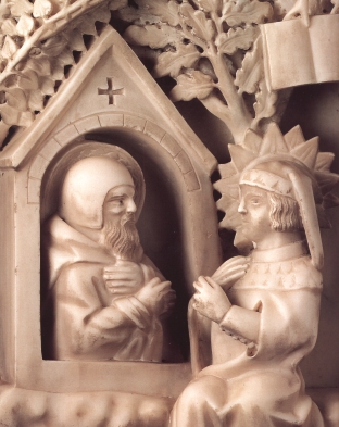 Agostino rende visita a Simpliciano, scultura dell'Arca di sant'Agostino in san Pietro in Ciel d'Oro a Pavia