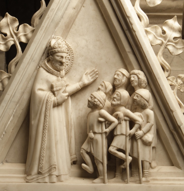 Agostino indica a dei pellegrini zoppi il luogo della sua tomba, pannello dell'Arca di sant'Agostino in san Pietro in Ciel d'Oro a Pavia