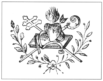 Il cuore fiammante trafitto da frecce su libro e con gli attributi vescovili cinti da una cinghia, stemma dell'Ordine agostiniano nel 1895