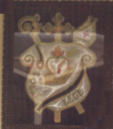 Tolle lege: cuore fiammante trafitto da frecce con cintura e attributi vescovili su libro, stemma dell'Ordine agostiniano ad Apurimac