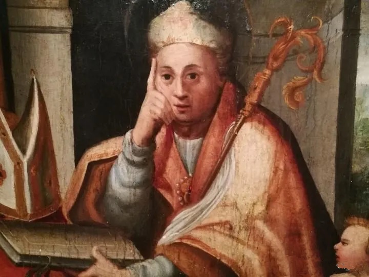 Agostino vescovo e il bambino con il cucchiaio: particolare del volto di Agostino