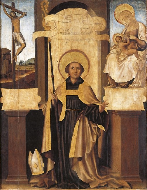 Agostino in meditazione, Crocefisso e Madonna del Latte di Pietro e Michele Cavaro