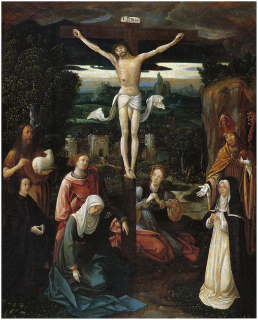 La crocifissione con la coppia dei fondatori e i santi Giovanni Battista e Agostino