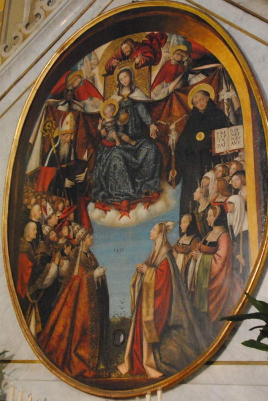 Sant'Agostino e Nicola da Tolentino ai piedi della Vergine incoronata con il Bambino e devoti oranti