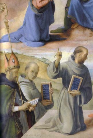 Immacolata Concezione con i santi Agostino, Bernardo di Chiaravalle, Francesco, Gerolamo, Tommaso d'Aquino, Anselmo, Dio Padre ed angeli