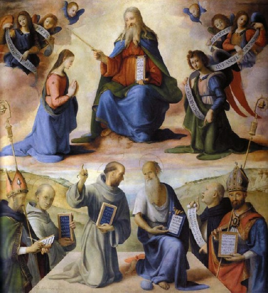 Immacolata Concezione con i santi Agostino, Bernardo di Chiaravalle, Francesco, Gerolamo, Tommaso d'Aquino, Anselmo, Dio Padre ed angeli