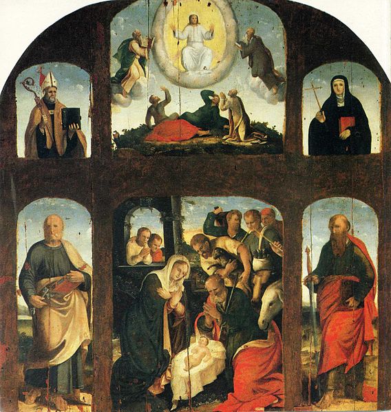 Nativit di Ges con i santi Pietro, Paolo, la Trasfigurazione e un santo vescovo con Santa Monica