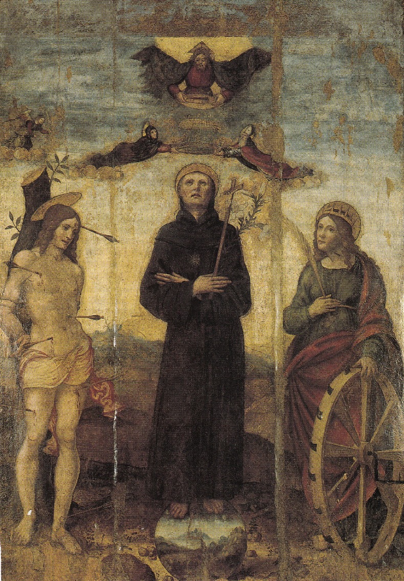 Triplice incoronazione di San Nicola da Tolentino con Monica, Agostino e Iddio Padre tra i santi Sebastiano e Caterina d'Alessandria