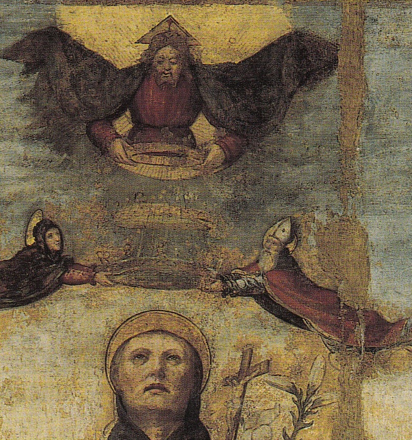 Particolare della Triplice incoronazione di San Nicola da Tolentino con Monica, Agostino e Iddio Padre tra i santi Sebastiano e Caterina d'Alessandria