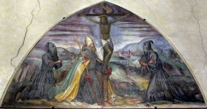 Agostino ai piedi del Crocifisso con due confratelli penitenti