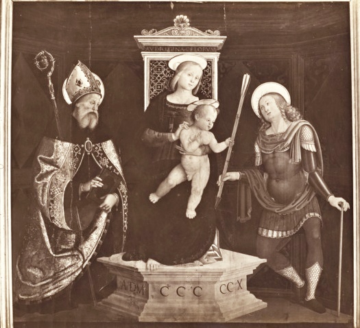 Madonna con Bambino benedicente in trono, sant'Agostino e san Sebastiano