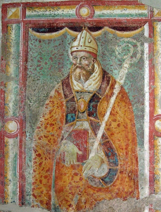 Agostino vescovo, affresco di anonimo frescante umbro-metaurense del primo Cinquecento