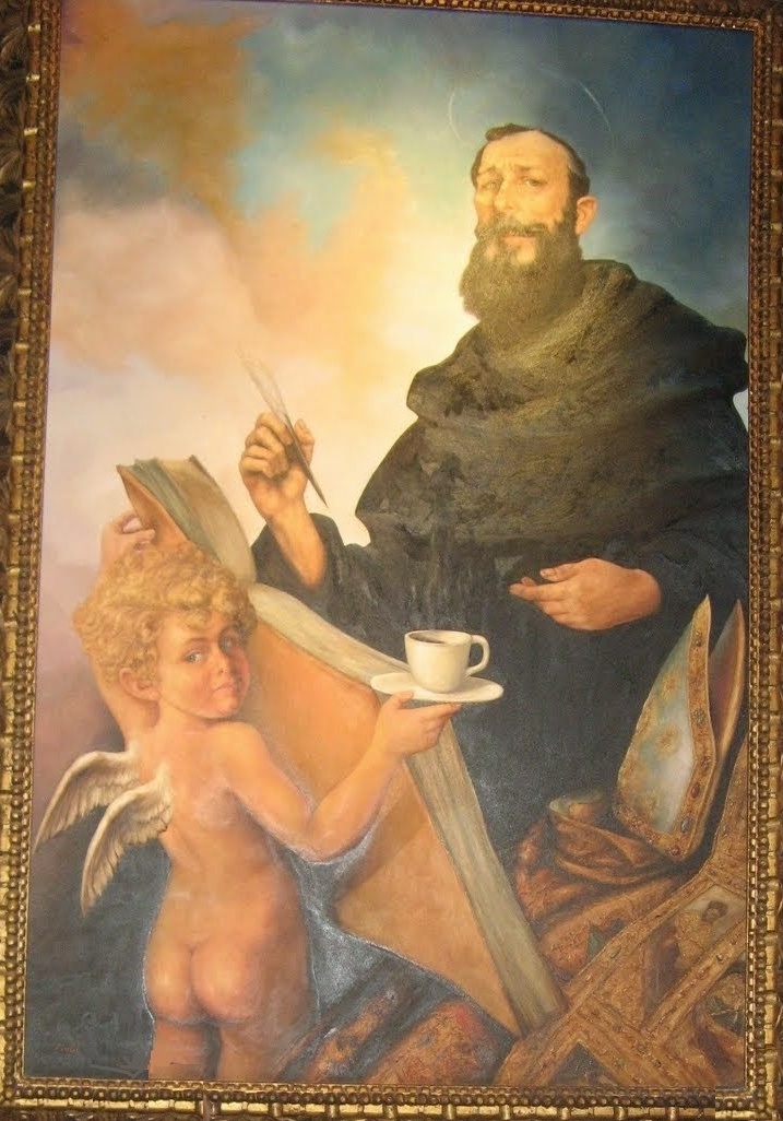Sant'Agostino scrittore con un angioletto che gli offre un caff
