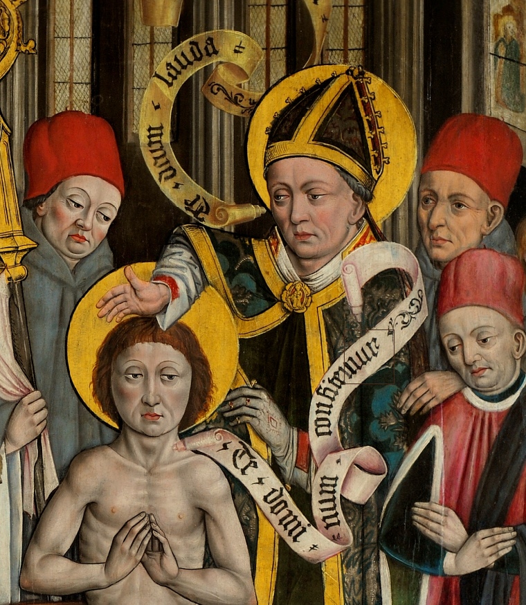 Battesimo di Agostino a Milano: particolare di Agostino ed Ambrogio