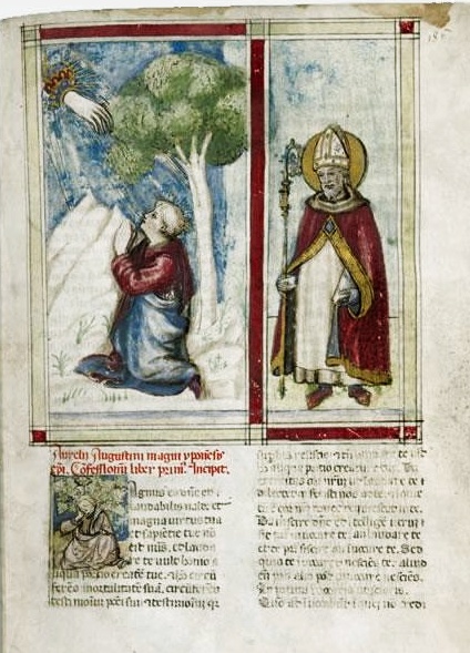 Agostino vescovo e in ginocchio in ascolto di Dio, dal ms2 di Firenze