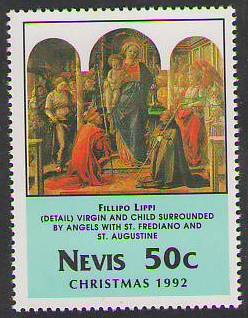 Pala Barbadori: la Vergine e il Bambino con i santi Frediano ed Agostino riprodotta in un francobollo del 1992 dello Stato di Saint Kitts e Nevis