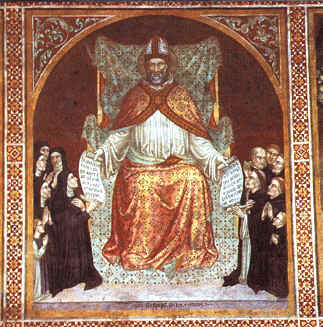 Agostino in trono consegna la regola alle monache e ai monaci agostiniani