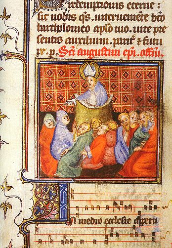 Sant'Agostino vescovo predica dal Misal Romano con notas musicales I. II.17 fol. 317 v. XIV sec.