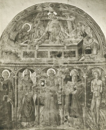 Cristo in piet e strumenti della Passione, San Leonardo, Sant'Agostino, San Bernardino da Siena, Sant'Antonio Abate, San Sebastiano