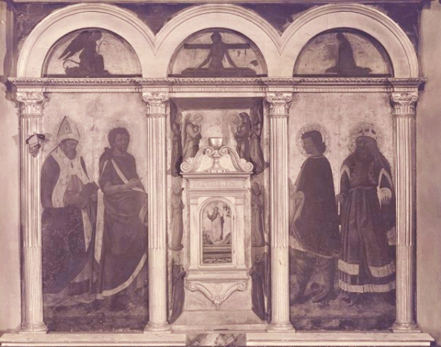 Sant'Agostino, san Giovanni Battista, San Giuliano l'Ospedaliere, san Sigismondo, Annunciazione, Cristo in piet