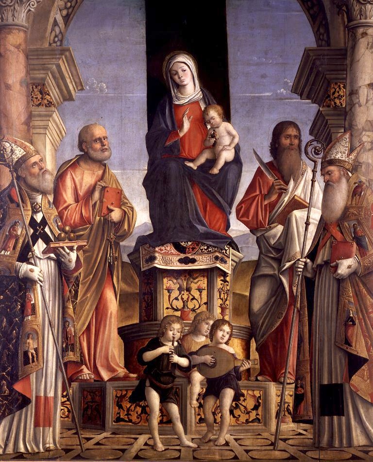 Madonna in trono, sant'Agostino, Pietro Bartolomeo, Nicola di Bari e tre putti