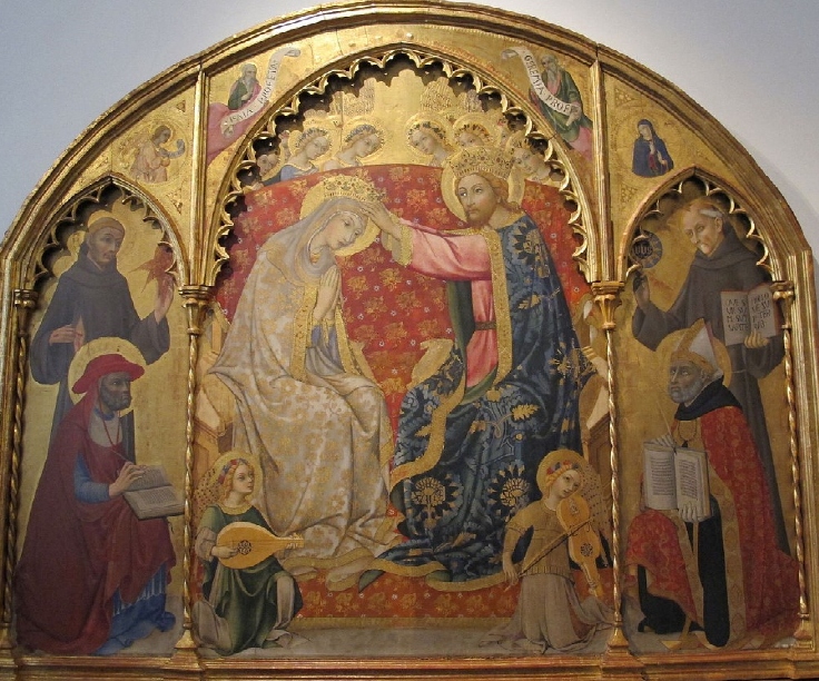 Incoronazione di Maria Vergine, con i santi Francesco d'Assisi e Girolamo, Bernardino da Siena e Agostino, Annunciazione, Isaia e Geremia