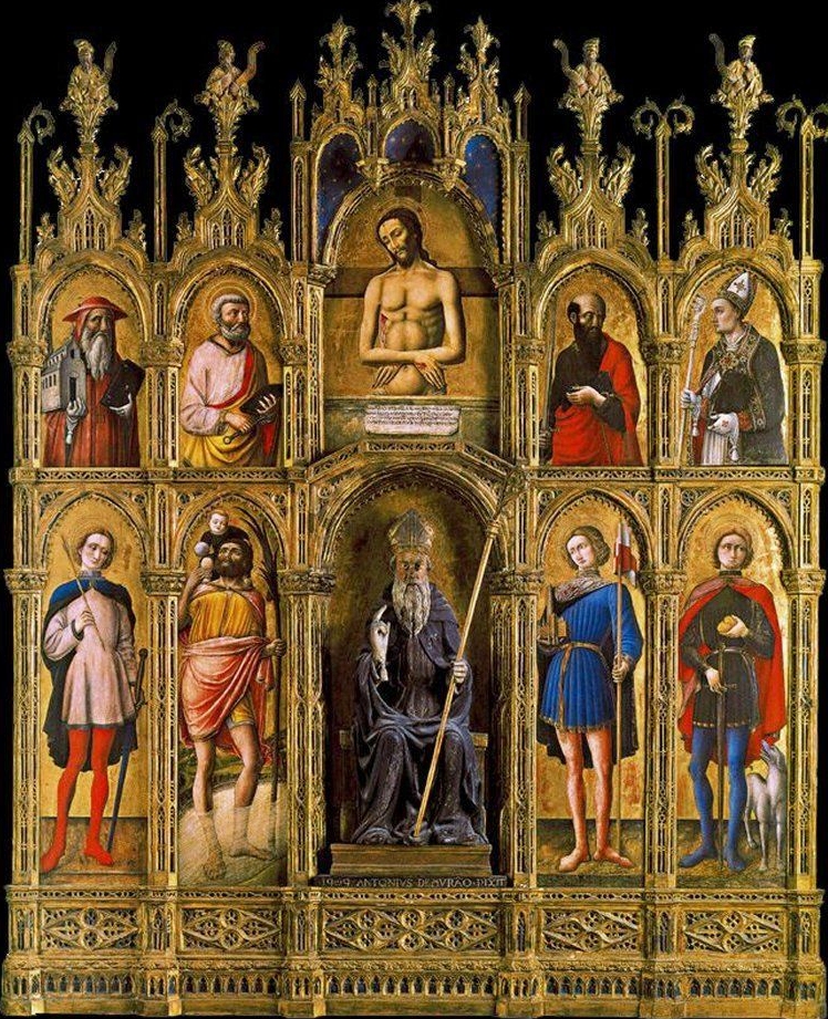 Sant'Antonio Abate tra i santi Sebastiano, Cristoforo, Venanzio e Rocco; Piet tra i Santi Gerolamo, Pietro, Paolo e Agostino