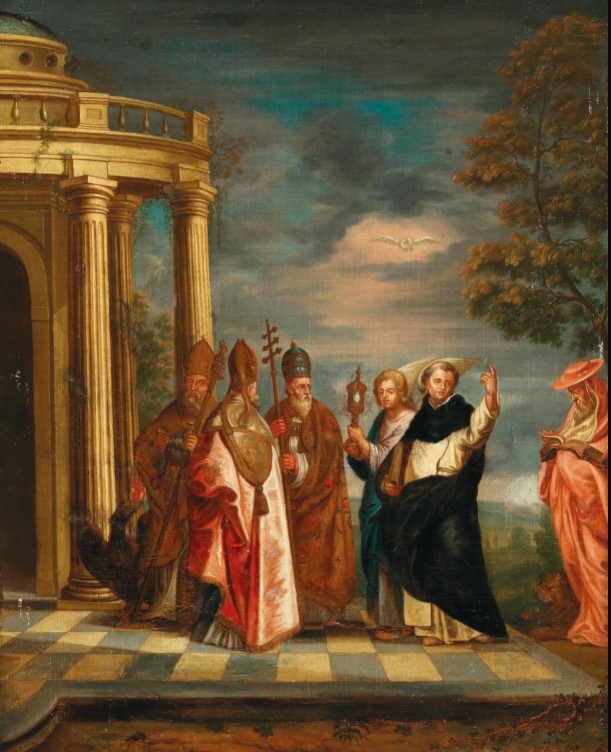I santi Tommaso d'Aquino, Ambrogio, Agostino, Papa Gregorio Magno e Girolamo in contemplazione del Santissimo Sacramento