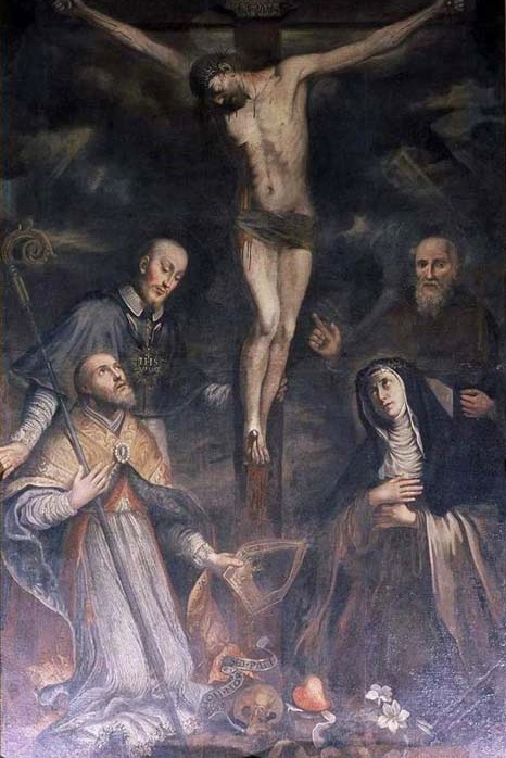 Sant'Agostino, san Francesco di Sales, Antonio Abate e Maria Maddalena de' Pazzi ai piedi del Crocefisso di Cambiaso Ottavio