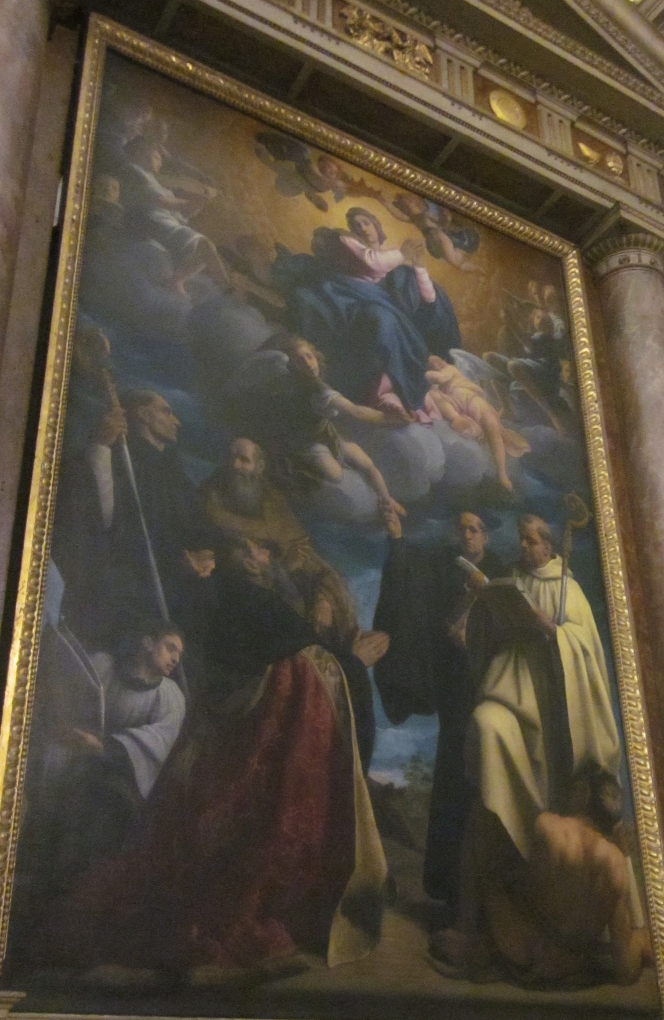 Madonna con Bambino in gloria, san Bernardino, sant'Antonio Abate, sant'Agostino, san Benedetto, san Mauro e angeli