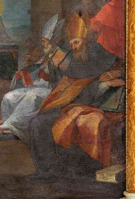 Particolare di sant'Agostino nel dipinto della Esaltazione della Eucarestia
