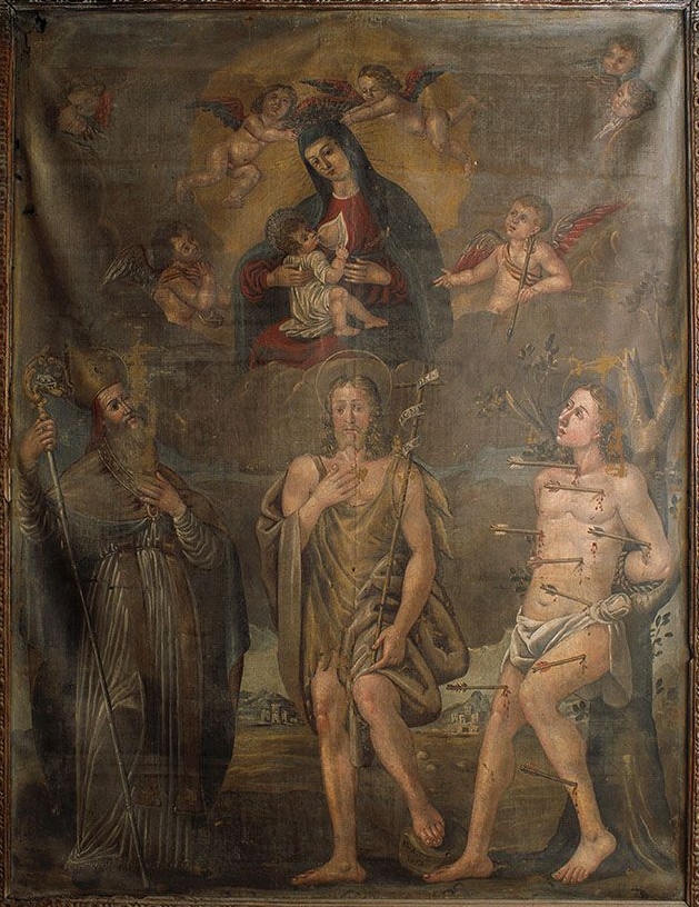 La vergine che allatta il figlio con i santi Agostino, Battista e Sebastiano