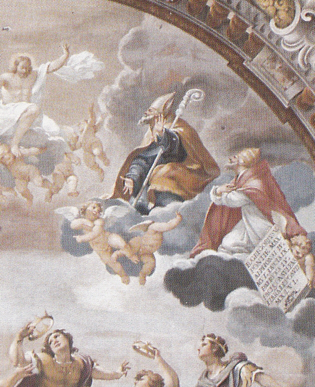 Particolare di sant'Agostino nella scena di Cristo in gloria con la Vergine e sant'Agostino appare a santi pontefici e sovrani