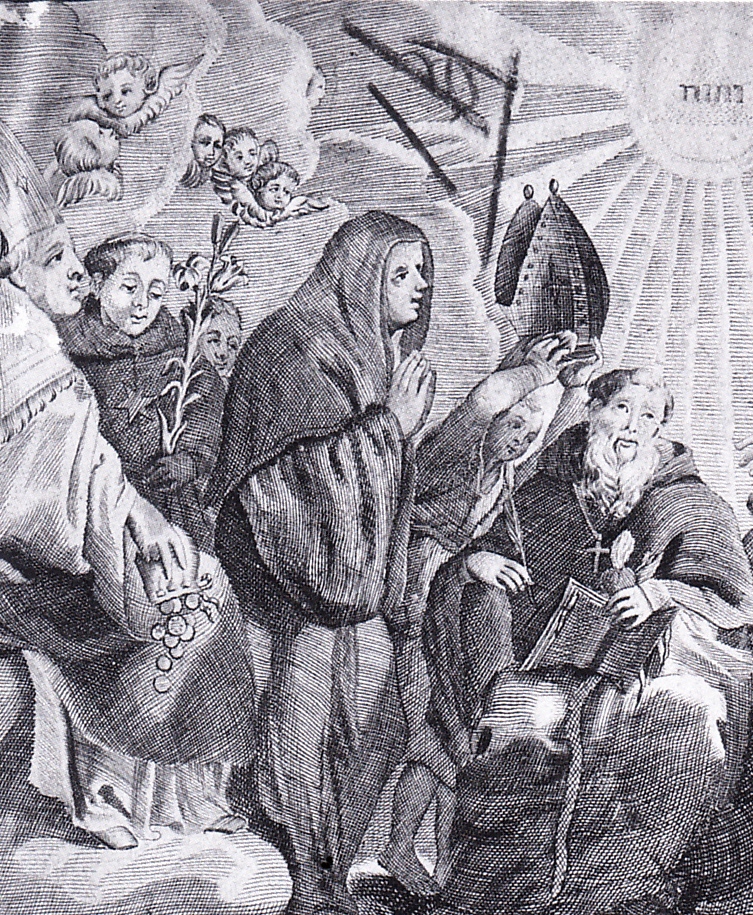 Vergine incoronata, Agostino e santi agostiniani: particolare di sant'Agostino, Monica e Nicola da Tolentino