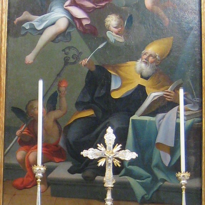 Particolare di Agostino che scrive il De Trinitate in una tela a Cava Manara