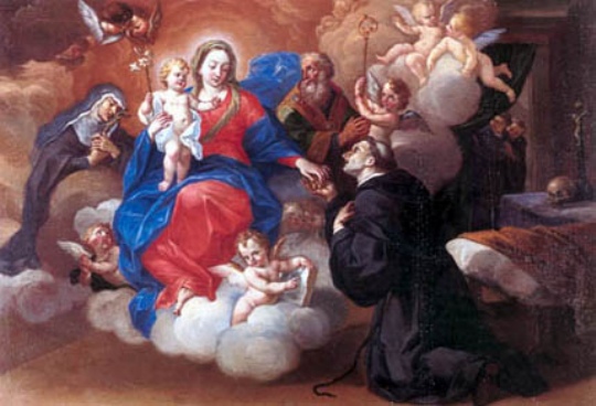 San Nicola ha la visione confortatrice della Vergine accompagnata dai SS. Agostino e Monica