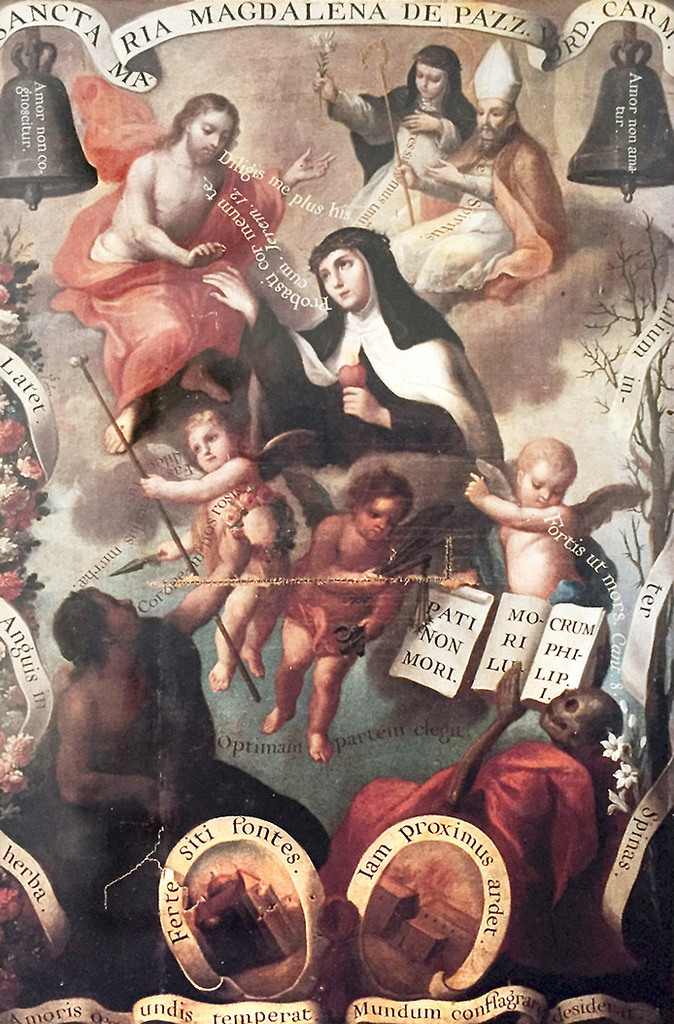 Santa Maria Maddalena de' Pazzi a colloquio con Cristo con la benedizione di Agostino e santa Teresa