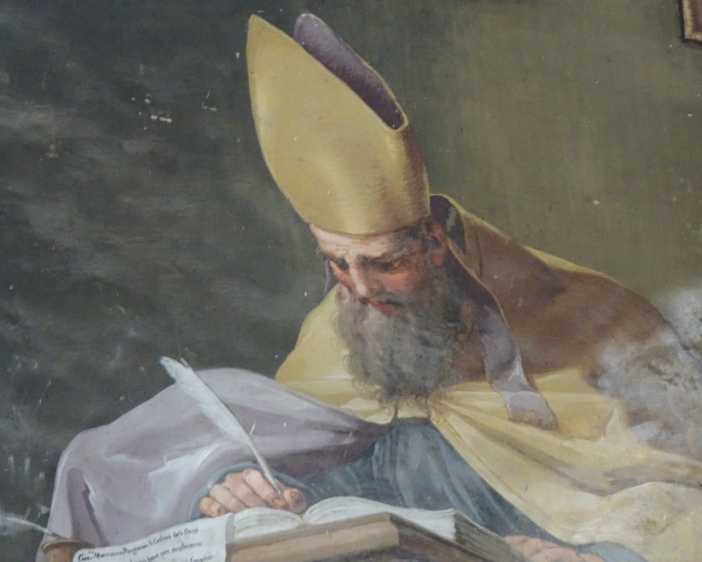 Sant'Agostino vescovo e Dottore della Chiesa: particolare del santo che scrive