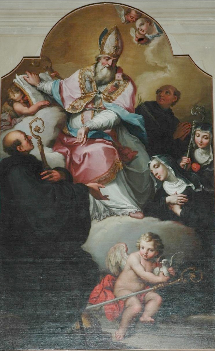 Santi Agostino, Benedetto, Scolastica, Chiara e Placido e la Madonna con il Bambino in gloria