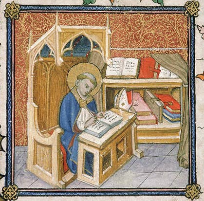 Sant'Agostino allo scrittoio nel suo studio, miniatura da Avignone, Biblioteca Municipale ms. 6733, f. 55