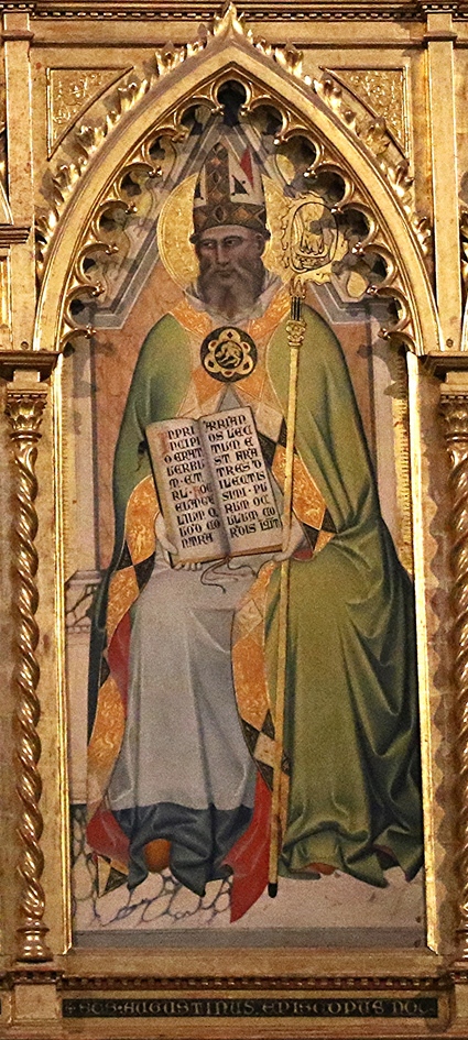 Particolare di S. Agostino, nella tavola della Vergine in trono e Dottori della Chiesa