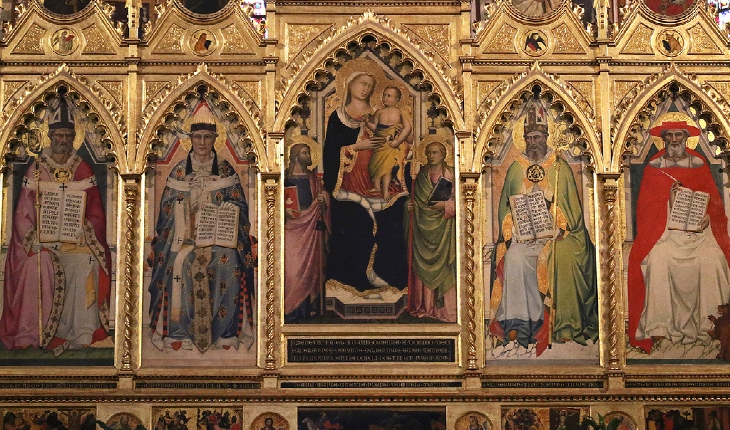 La tavola della Vergine in trono sull'altare maggiore attorniata dai quattro Dottori della Chiesa