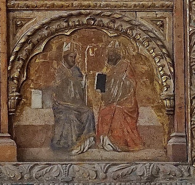 Sant'Agostino e Sant'Ambrogio seduti a colloquio: particolare della pala di Vitale da Bologna nella chiesa del Santissimo Salvatore a Bologna