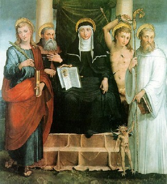 Santa Scolastica in trono tra i santi Giovanni evangelista, Antonio abate, Sebastiano e Bernardo di Chiaravalle di Teramo Piaggio (XVI secolo)