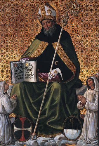 Consegna la Regola ai suoi monaci, dipinto di Pinturicchio