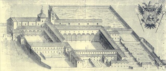 Il monastero degli Eremitani, a sud della chiesa. Il disegno di Gianfacondo Moneta, inciso da Girolamo Cattaneo (1786), mostra il portico appoggiato al fianco della chiesa, il campanile, il grande chiostro e il sistema dei giardini monastici ora scomparsi 