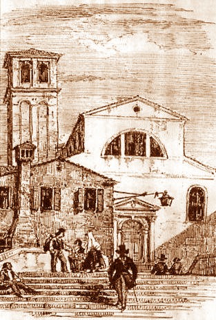 La secentesca chiesa di S. Agostin con il campanile vista dall'omonimo ponte in una stampa dell'Ottocento
