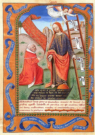 Agostino in ginocchio davanti a Cristo: miniatura medioevale