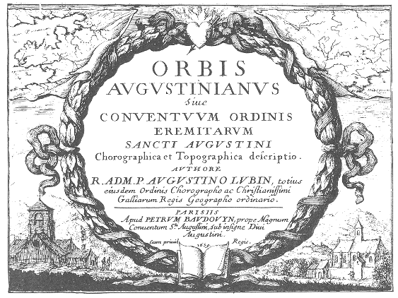 Intestazione della stampa di Lubin che descrive l'elenco dei conventi agostiniani nel 1600